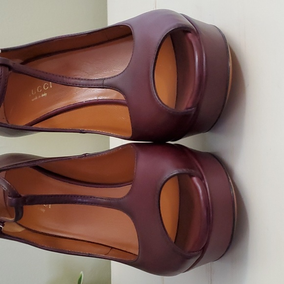 Gucci | Burgundy Leather Platform T-strap  Peep-Toe Pumps Sz 37 - Picture 4 of 9
